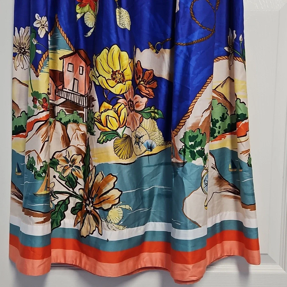 ANTONIO MELANI Evie‎ Cotton A-line Maxi Skirt: Ocean Print: Size-14